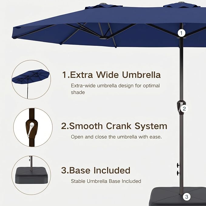 Kingdura 15ft Large Patio Umbrella with Base Included, Double-Sided Rectangle Outdoor Table Umbrella with 12 Reinforced Ribs, Crank Lift for Market Pool Deck Backyard, Navy blue