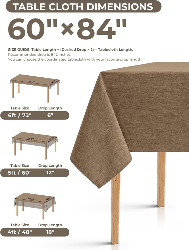 Decorelia Faux Linen Farmhouse Table Cloth 60"x84" for Rectangle Table, Coffee Waterproof Outdoor Washable Cloth Tablecloth for Rectangular Dining Room Kitchen Outdoor Party Restaurant Decor