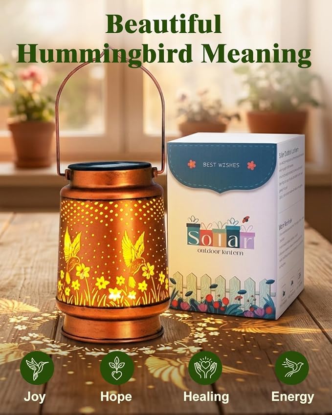 DIBIEECN 2 Pack Hummingbird Solar Lanterns Outdoor Waterproof, Garden Decor | Metal Hanging Lights, IP65 Waterproof, LED Decorative Lantern, Patio & Backyard, Birthday Gifts for Women, Mom & Grandma