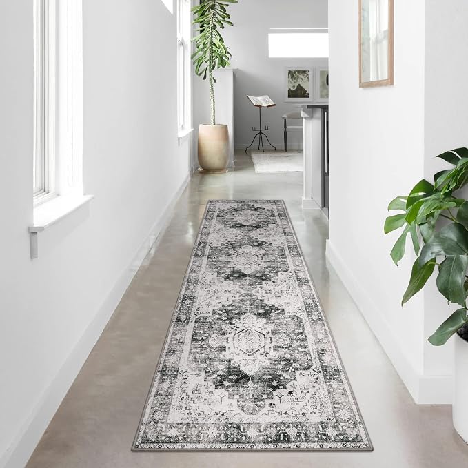 Moynesa Ultra-Thin Washable Runner Rug - 2'6" x 10' Grey Long Hallway Rug Runner Kitchen Carpet Runner 10ft, Vintage Non Slip Low Pile Stair Floor Mat for Bathroom Bedroom Living Room Entryway