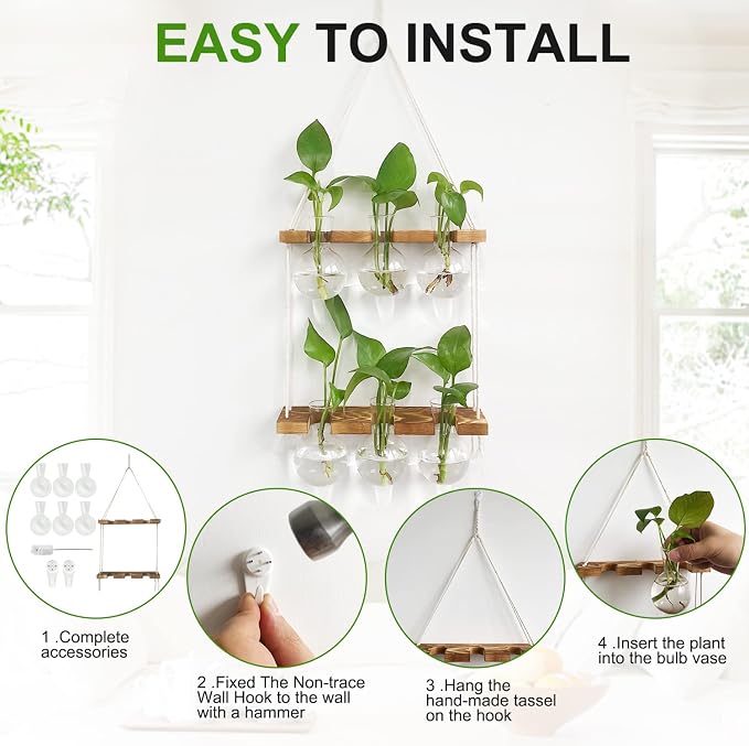 Renmxj Plant Propagation Station Wall Hanging with 2 Tiered Wooden Stand | Plant Terrarium for Hydroponics Plants, Unique Gardening Gifts for Women Mom Plants Lovers - 6 Bulb Glass Vases