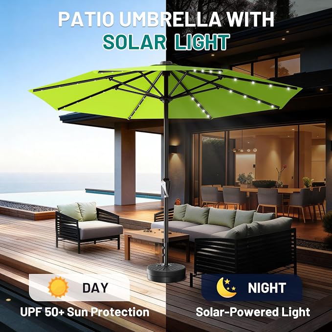 AreShark 12FT Large Patio Umbrella with Solar Lights, Solar Powered Outdoor Umbrella with Crank, Patio Table Market Umbrellas for Garden, Deck, Backyard, Pool and Beach, Apple Green