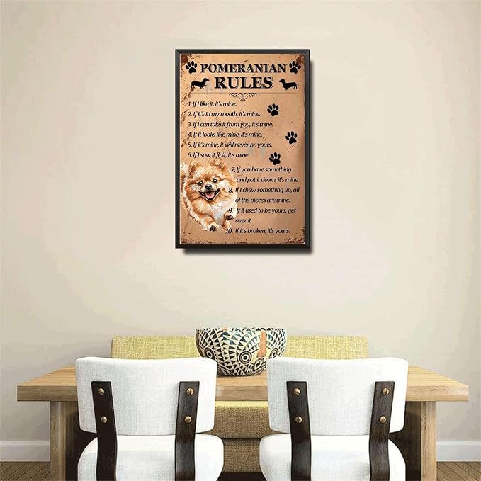 Metal Sign Tin Sign Vintage Wall Art Pomeranian Rules Outhouse Wall Decor for Room 12×16 Inches with Metal Frame