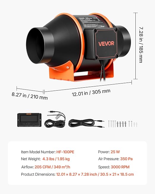 VEVOR Inline Duct Fan, 205 CFM 4 inch EC Motor Exhaust Ventilation Fan with 10-Speed, PWM Controller, App Control, Temperature Humidity Sensor, Cooling for Grow Tent, Indoor Gardening, Hydroponics