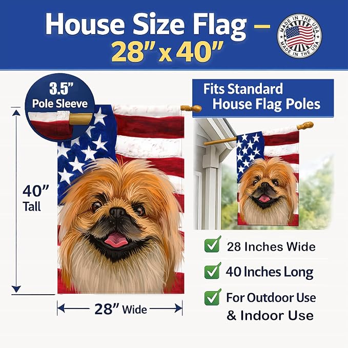 Caroline's Treasures CK6639CHF Pekingese Dog American Flag House Flag Large Porch Sleeve Pole Decorative Outside Yard Banner Artwork Wall Hanging, Polyester, House Size, Multicolor