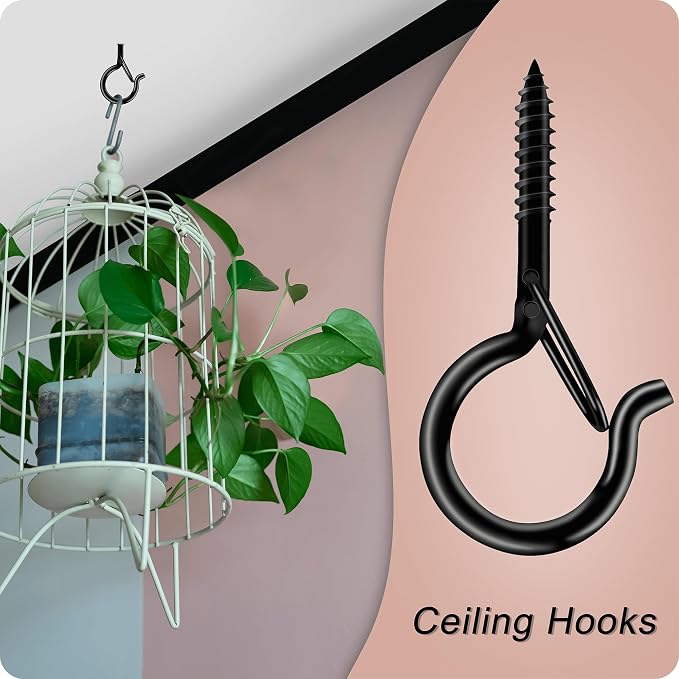 Black Screw Hooks with Safety Lock 2.3" Rustproof Metal Ceiling Hooks for Hanging Plants, Baskets,String Lights & Outdoor Decor, 40LB Capacity (40, Black)