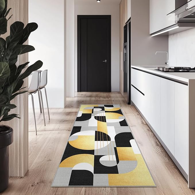 2x6 Black and Gold Geometric Modern Runner Rug for Kitchen Entryway Hallway Abstract Area Rug Machine Washable Non-Slip Carpet for Bedroom Bathroom Bedside