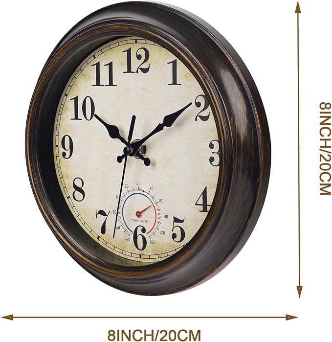 Outdoor Clocks Waterproof with Thermometer Combo Vintage Rustic Wall Clock for Patio Pool Bathroom Kitchen(8 Inch,Bronze)