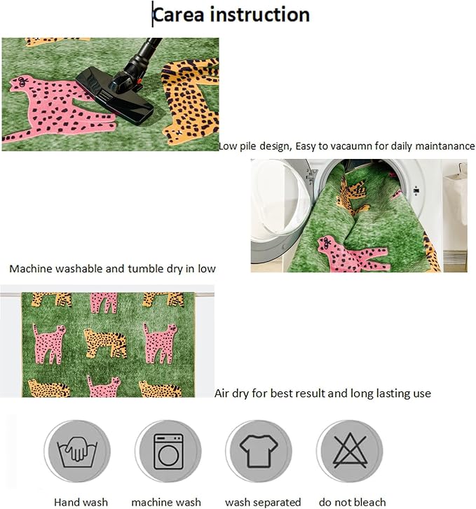 Leopard Washable Rugs, Green Cute Cheetah Tropical Animals Boho Vintage Distressed Hippie 5x7 Area Rugs for Dining Living Room Bedroom Kitchen Nursery, Oriental Aesthetic Tribal Indoor Entryway Carpet