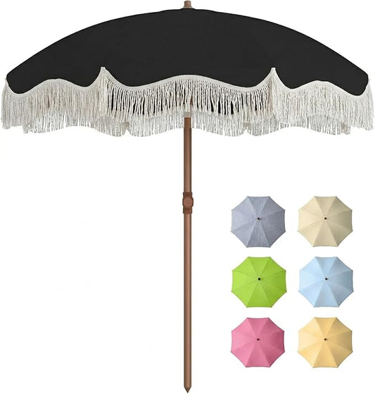 7FT Patio Umbrella with Fringe, Outdoor Tassel Umbrella with Fiberglass Ribs, Boho Beach Umbrella, Push Button Tilt and Carrying Bag, UPF50+