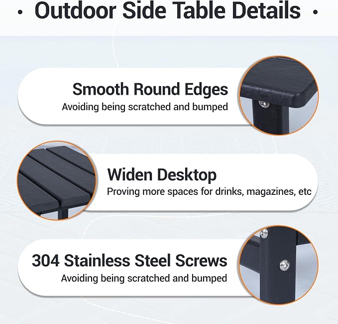 HDPE Outdoor Side Table, Black | Waterproof Patio End Tables for Garden Poolside Balcony Deck Porch Backyard or Indoor Use, 17.5"L x 12.5"D x 16.5"H