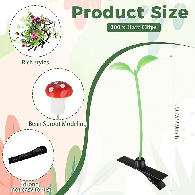 Tigeen 200 Pieces Bean Sprout Hair Clip Funny Plant Hairpins Little Grass Sprout Clips Flower Butterfly Mushroom Hair Accessories Barrettes Headwear for Women Girls Party (Mixed Style)