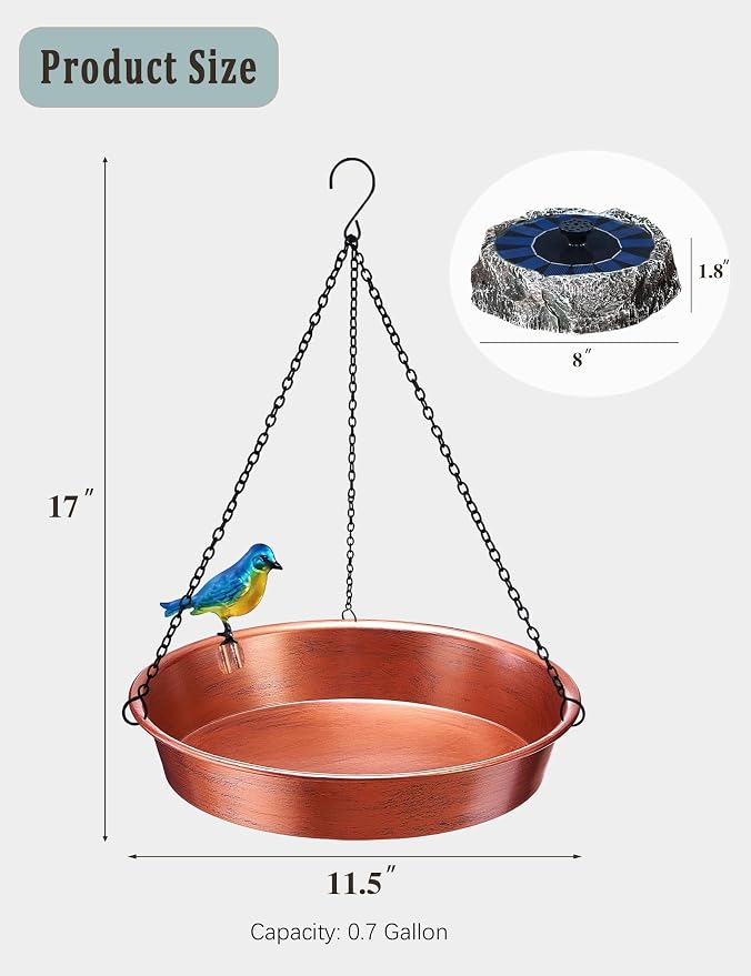 Hanging Bird Bath with Solar Fountain & Water Pump, 11.5” Antique Copper Finish Metal Birdbath Bowl, Rock Design & Solar Panel – Outdoor Garden Decor Yard Art