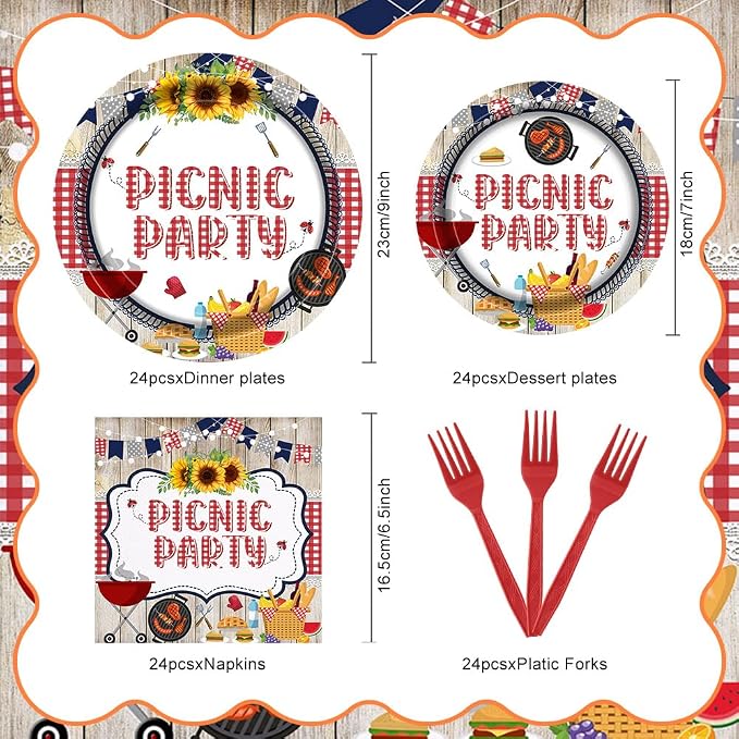 Picnic Party Tableware Set 96 Pcs Disposable Plates Napkins Forks BBQ Birthday Brunch Red White Checkered Sunflower Outdoor Party Decorations Serve 24 Guests