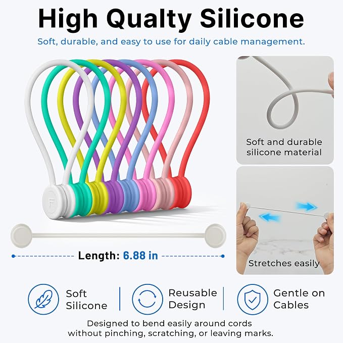COOLMI Magnetic Cable Ties 8 Pack, 6.88 Inch Reusable Silicone Cord Organizer Wraps, Strong Magnet Cable Management Straps for Charging Cords, USB Cables, Earbuds, Desk, Travel, Assorted Colors
