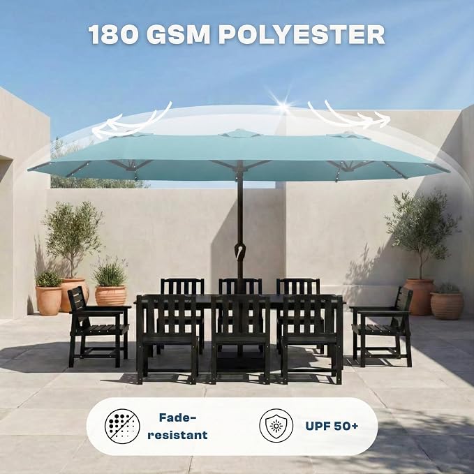 15FT Large Patio Umbrella with Base Included, Double Sided Outdoor Market Umbrella with Flexible Fiberglass Ribs, UV-Blocking Extra Large Umbrella for Garden, Pool, Deck, Sky Blue
