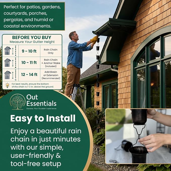 Copper Rain Chain 9 FT, 11 FT Installed with Anchor Stake and Gutter Adapter, Durable Heavy Duty Rain Chains for Gutters for Heavy Rain, Rust Resistant, Outdoor Decor for Homeowners