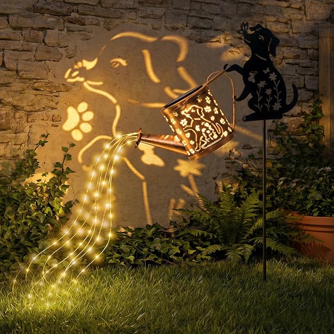 Solar-Powered Dog Watering Can Lights with Metal Dog Statue Silhouette Pillar Garden Feature Light, for Christmas, Mother's Day, Birthday Gifts, Garden, Lawn, and Courtyard Decorations