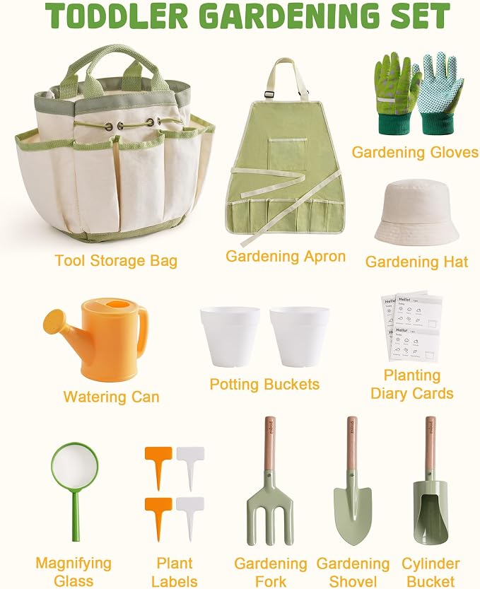 ROBUD Kid Gardening Set, Wooden Garden Tool for Kid, Garden Tool Kit with Tool Storage Bag, Apron, Gloves, Montessori Toys for Kids to be Closed to Nature, WRP25