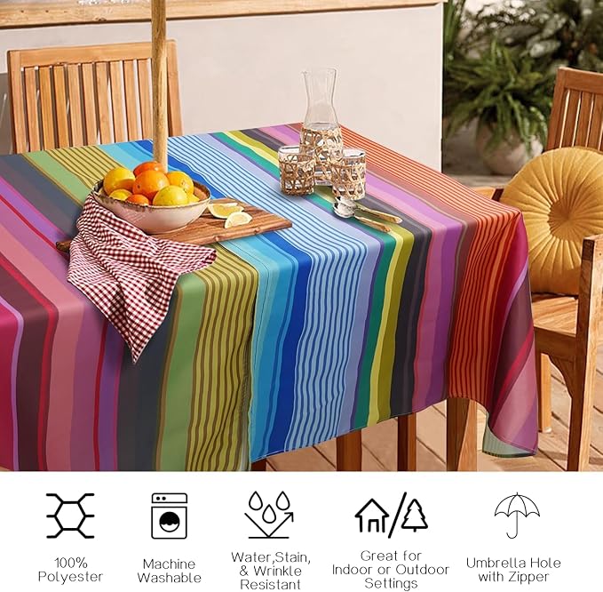 Outdoor Tablecloth with Umbrella Hole and Zipper, Rectangle Patio Table Covers for Spring/Summer, Machine Washable Outdoor Picnic Table Cloth (02stripes, 60" × 120" Rectangular)