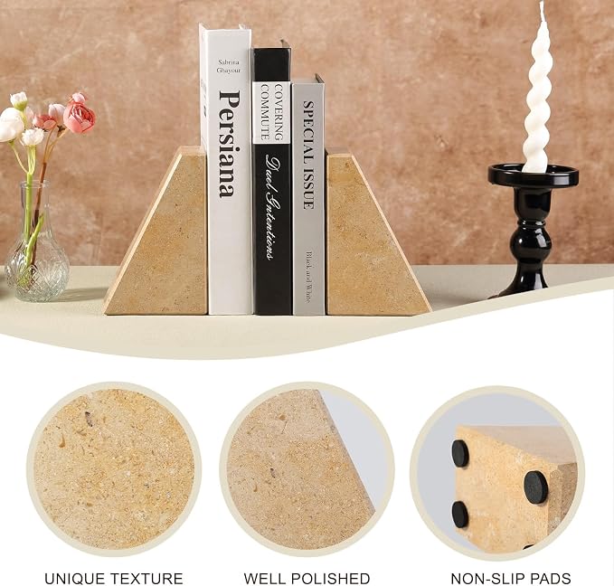 Koville Marble Bookends for Shelves, Large Bookends for Heavy Books, Non-Slip Heavy Duty Book Stopper for CD/Movies, Aesthetic Decorative Bookends for Shelves Table Home Decor(Brown)