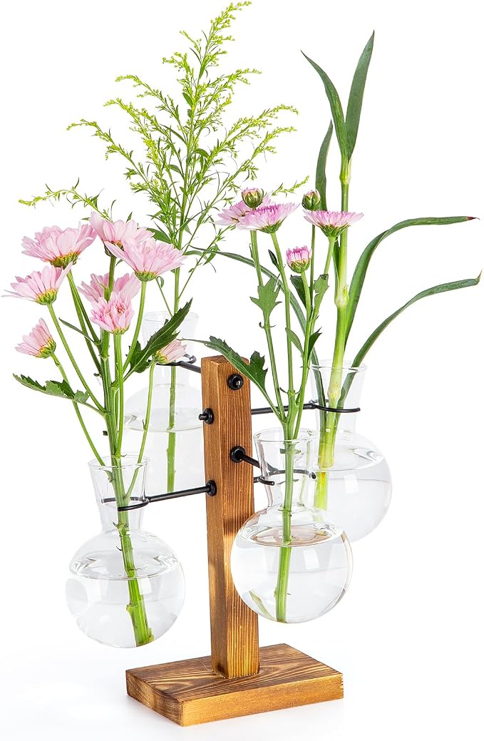 Plant Propagation Station with Wood Stand - 4 Bulb Glass Vases | Propagation Vases for Plants, Terrarium Kit for Home Office Garden Decor, Gifts for Plant Lovers