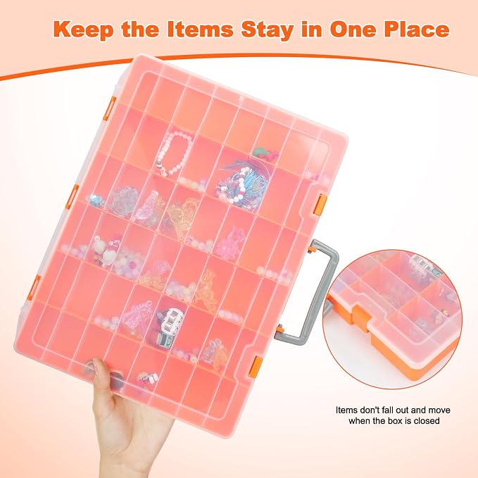 Bluedale 2 Pack 48 Grids Large Plastic Organizer Box with Adjustable Dividers, Beads Storage Containers Compartment Tackle Box Case for Crafts Hobby Small Parts Fishing Seeds Jewelry (Orange)