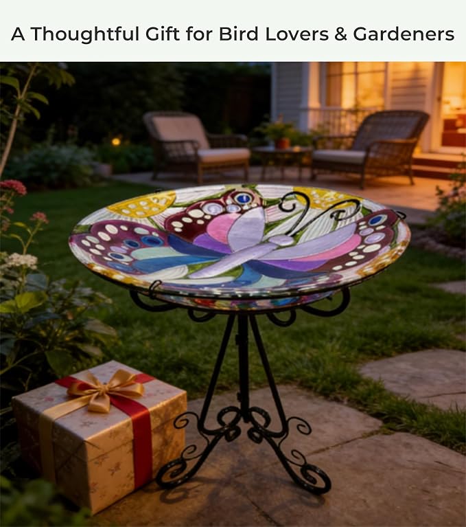 Large Bird Bath for Outside, 18" D Glass Bath Bowl with Metal Stand 28" H Standing Outdoor Birdbaths for Garden Yard Lawn Decor, Butterfly-B