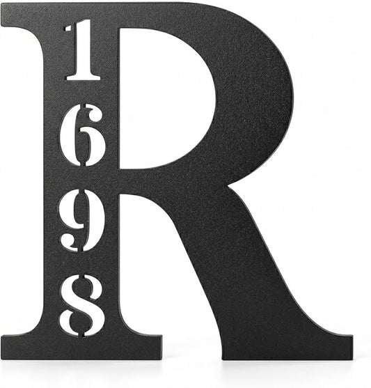 Personalized Metal Address Sign with Large Initial, Custom House Number Plaque and Family Last Name Sign for Outside, Outdoor Wall Mount Address Marker for Front Door Porch Yard