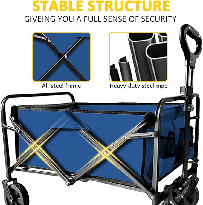Collapsible Utility Cart Folding Wagon, 320lbs Capacity Lightweight Rolling Cart with Quiet Wheels, Quick-Fold Design for Camping, Shopping, Ourdoor Use, Blue 2PCS