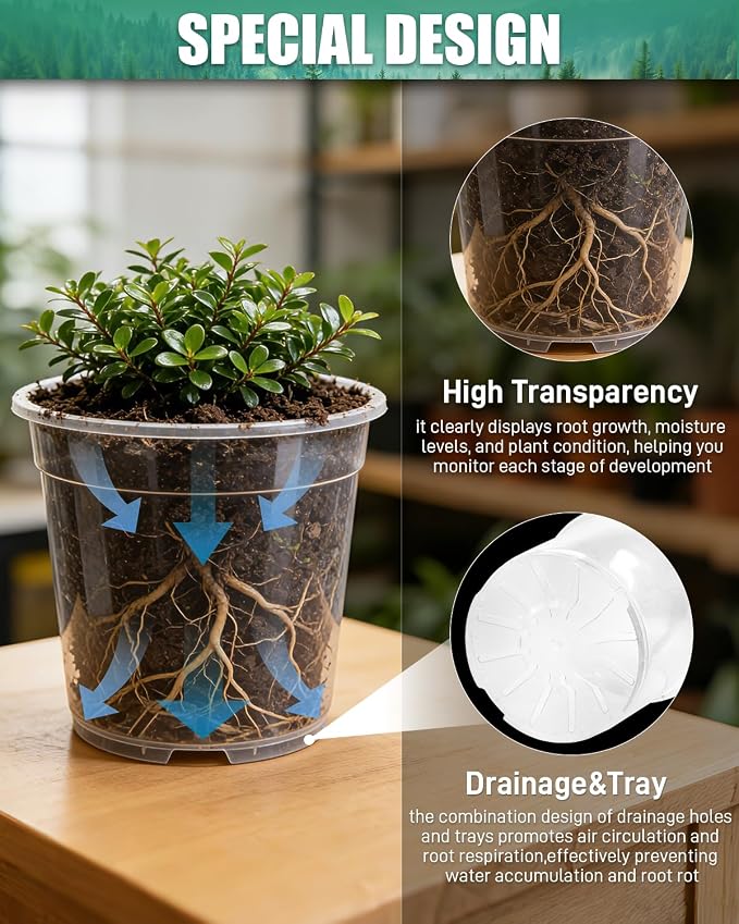 27 Pack Clear Nursery Pots with Drainage 12/9.5/8/7.5/6.7/5/4.5 Inch Nursery Pots with Saucers Transparent Seed Starting Pots Including Plant Labels for Indoor Outdoor Home Gardening