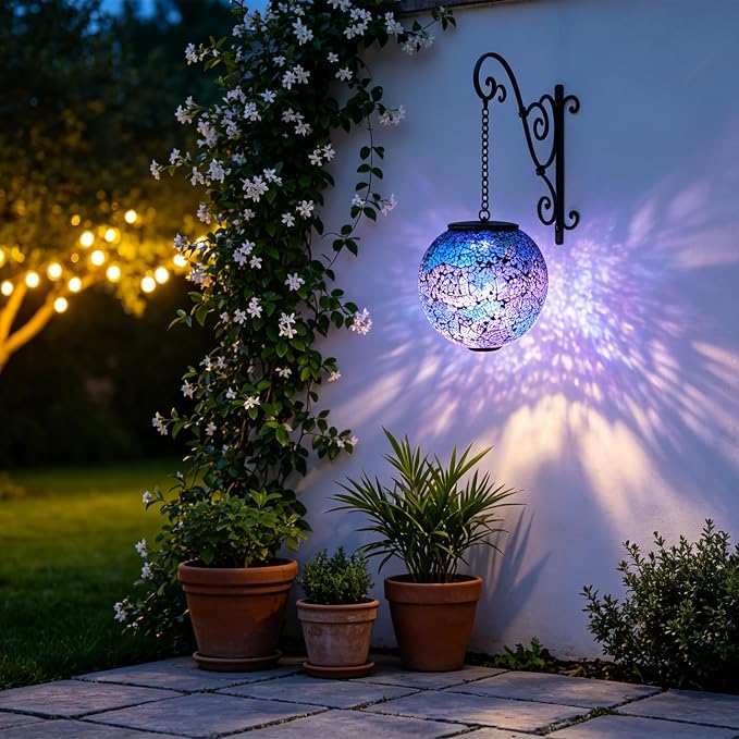 Solar Hanging Lantern Solar Outdoor Lanterns Mosaic Gazing Ball Outdoor Hanging Lights Outdoor Lights Waterproof Garden Patio Pathway & Yard Décor Blue