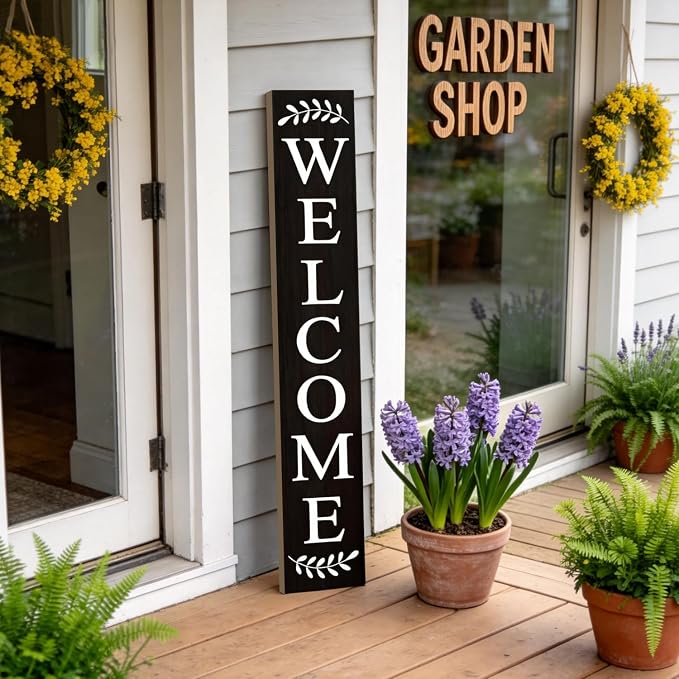 Welcome Sign for Front Porch, 47" Large Wooden Welcome to Our Home Sign Door Hanging Standing Plaque, Farmhouse Vertical Outdoor Porch Decorations for Yard Patio Entrance, Black