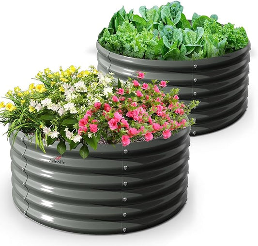 A ANLEOLIFE 2-Pack 4ft x 18” Tall Galvanized Raised Garden Beds Outdoor, Round Metal Planter Box for Planting Vegetables Flowers Herb, Anti-Rust & Easy-Setup, Quartz Grey