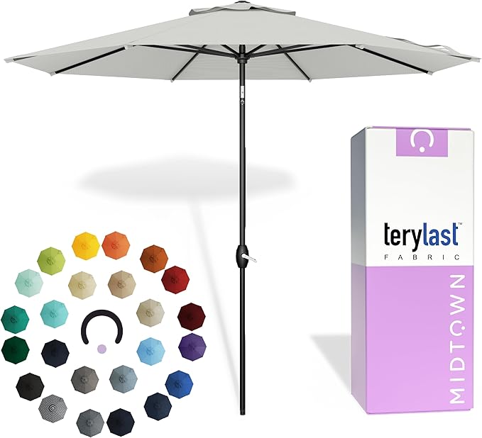 Midtown Umbrellas - 10-Year-No-Fade 9 Ft Patio Umbrella with Terylast Fabric, Auto-Tilt Aluminum Frame and 8 Reinforced Ribs for Deck, Pool, Garden & Beach - Off White Canopy, Black Pole