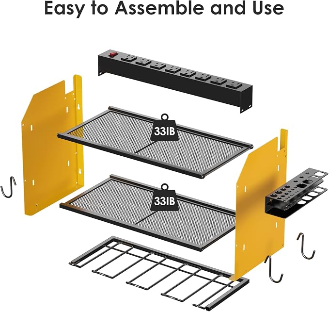 CCCEI Wall Mount Modular Tool Charging Organizer, Yellow, 1 Pack, 3 Tier. | Drill Battery Storage Rack with Hooks, Garage Workshop, Gifts for Men, Dad, Husband Anniversary, Birthday, Christmas