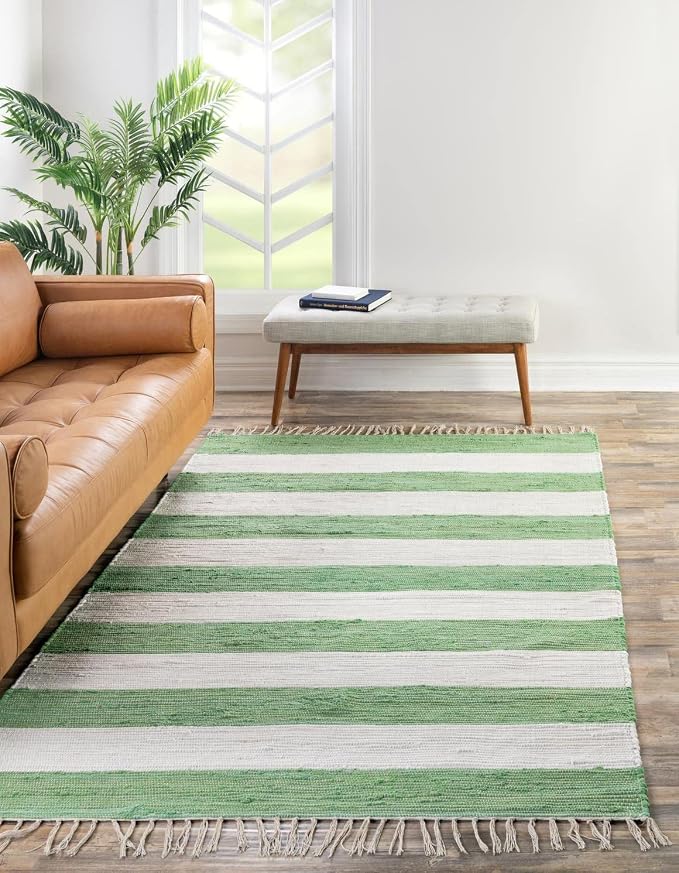 Unique Loom Chindi Rag Collection Area Rug - Striped (7' 10" x 10' Rectangle, Green and Ivory)