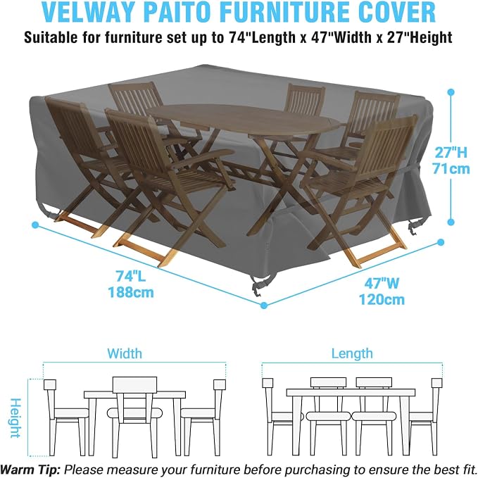 Velway Patio Table Chairs Set Cover Square Waterproof 74"Lx47"Wx28"H Outdoor Bistro Dining Set Cover Ultra Windproof UV-Resistant