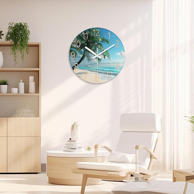 XFM Large Tropical Beach Wall Clock Silent Non-Ticking 24 Inch | Silent Non-Ticking Battery Operated Blue Modern Glass Palm Tree Decorative for Living Room Kitchen Bedroom Office