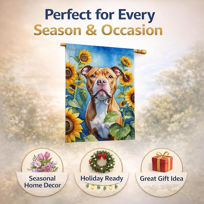 Caroline's Treasures DAC6133CHF Pit Bull Terrier in Sunflowers House Flag Large Porch Sleeve Pole Decorative Outside Yard Banner Artwork Wall Hanging, Polyester, House Size, Multicolor