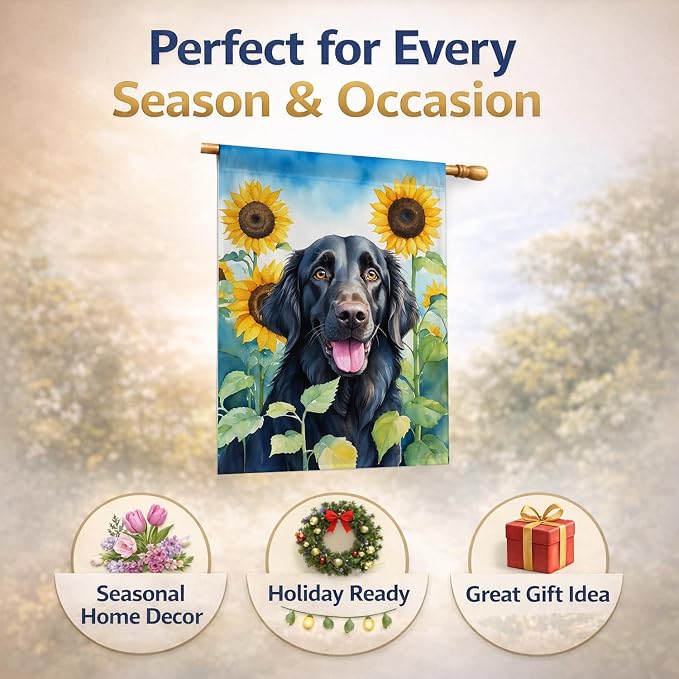 Caroline's Treasures DAC6078CHF Flat-Coated Retriever in Sunflowers House Flag Large Porch Sleeve Pole Decorative Outside Yard Banner Artwork Wall Hanging, Polyester, House Size, Multicolor