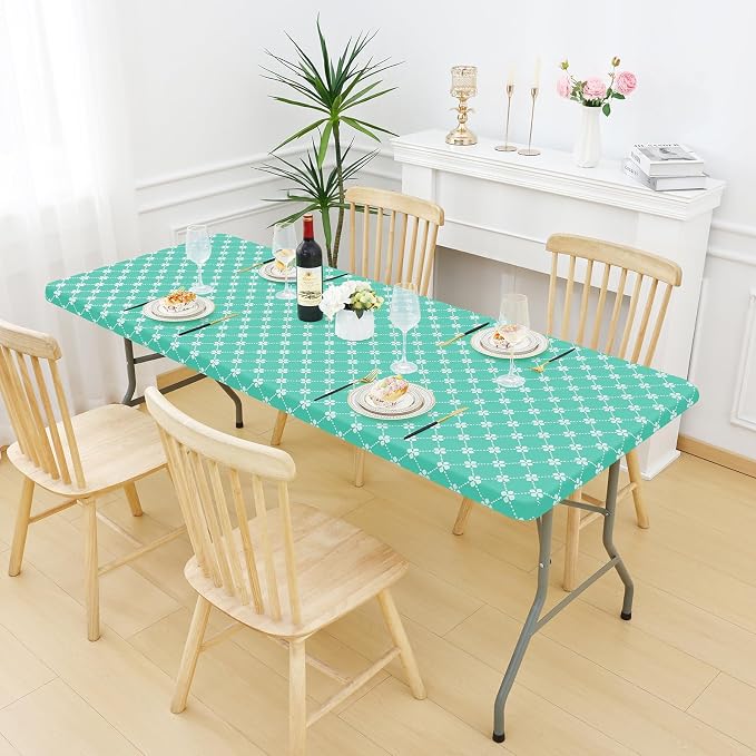 misaya Rectangle Vinyl Table Cloth, Elastic Fitted Tablecloth with Flannel Backing, Waterproof Plastic Table Cover Fits 4 Foot Folding Tables for Picnic, Camping, Indoor and Outdoor (Aqua, 30" x 48")