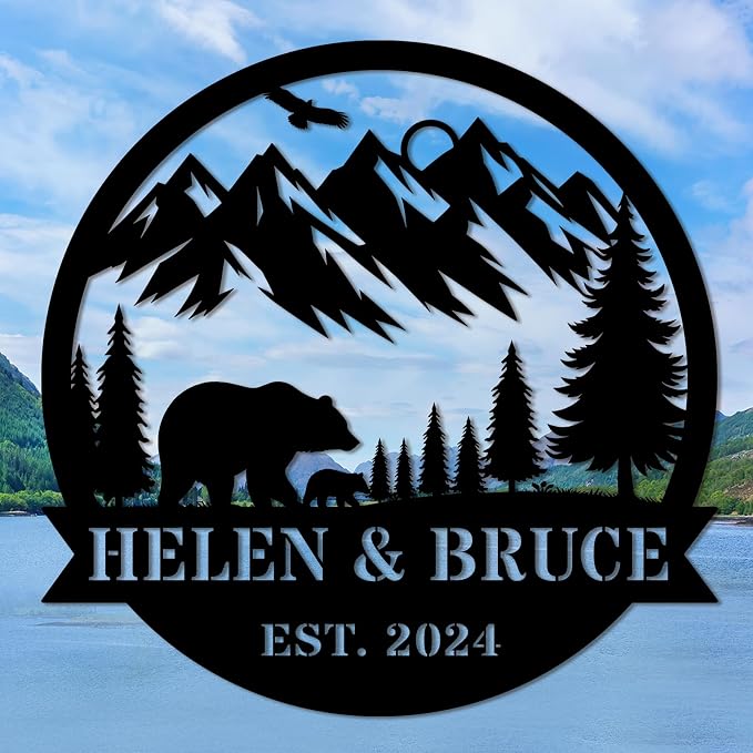 Custom Name Sign, Personalized Outdoor Bear Cabin Sign, Personalized Forest Bear Cabin Metal Signs for Outside, Custom Family Name Sign, Last Name Sign, Outdoor Bear Decor, Cabin Wall Decor