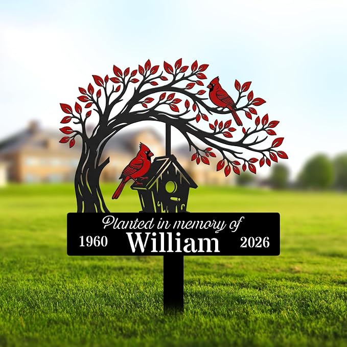 Personalized Cardinal Garden Sign with Stakes, Custom Outdoor Yard Decor, Memorial Gift for Mom, Garden Plaque Gifts for Memorial, Remembrance loss loved Ones, Grave Marker 22