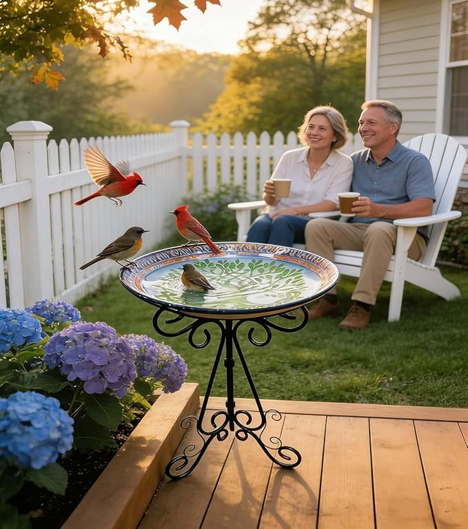 Large Bird Bath for Outside, Glass Bath Bowl with Metal Stand 28" H Standing Outdoor Birdbaths for Garden Yard Lawn Decor, Tree of Life-New