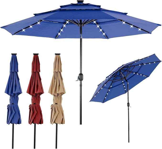 DUMOS Outdoor Solar Patio Umbrella 3 Tiers with 32 LED Lights, Beach Market Table Umbrella with Crank and 8 Sturdy Ribs for Pool, Terrace, Restaurant