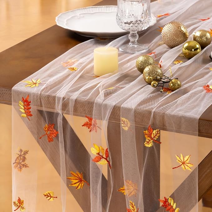 Socomi Falll Thanksgiving Table Runner Maple Leaf Tulle Gauze Cheesecloth Embroidery Sheer Table Runners for Wedding Party Baby Shower Birthday Holiday Picnic Home Decor