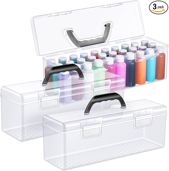 Threehoney 3 Pcs Paint Storage Box for 2 Fl. oz Acrylic Paints, Acrylic Portable Craft art Organizer with Handle, 30 Bottles Capacity Plastic Art Supply Clear Boxes
