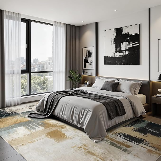 Joydeco 5x7 Area Rugs for Living Room, Non-Slip Modern Abstract Soft Washable Rug, Low Pile Carpet for Bedroom, Dining Room, Home Office, Pet & Child Friendly, White &Beige & Dark Gray