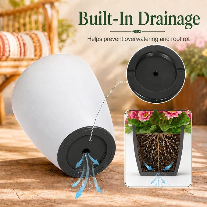 Neoaider Set of 3 Tall Planter, 24/21/12in Large Plastic Planter, Off White | Ceramic-Look, Lightweight, Built-in Drain Hole, Saucers, Tall Outdoor Planter for Porch, Garden, Patio, Balcony